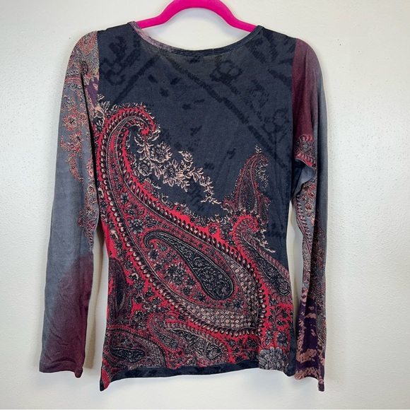 Pashma L Cashmere Silk paisley Paisley Long Sleeve lightweight sweater Red Gray - Picture 8 of 12
